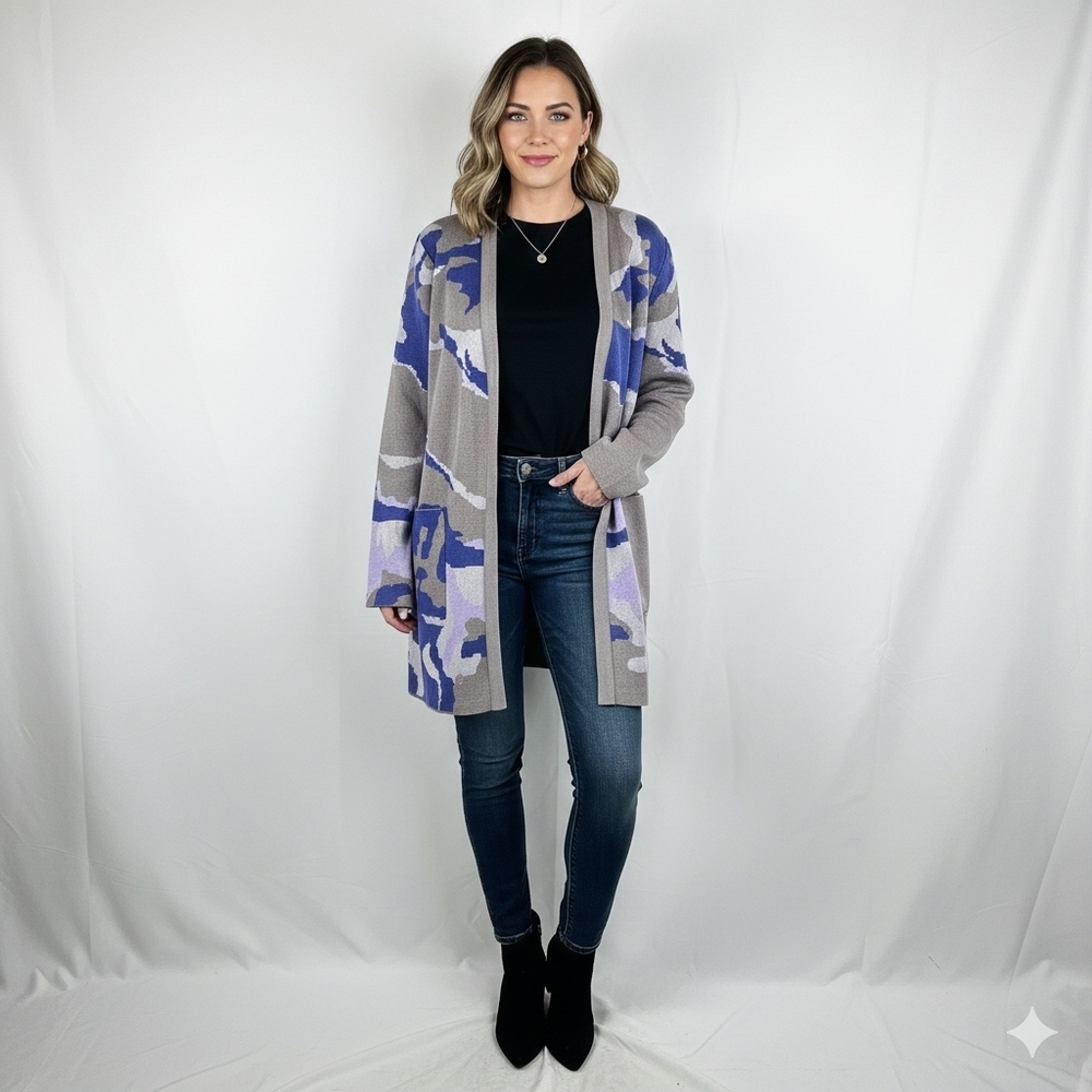 NWT Misook Knit Long Cardigan Sz Large Camouflage Gray Purple Quiet Luxury Pock